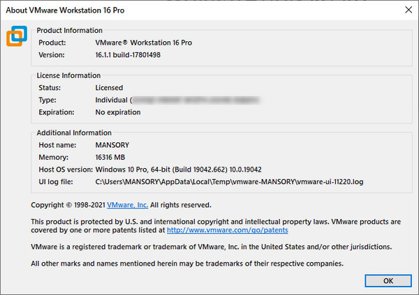 VMware Workstation Pro 16.1.1 Build 17801498