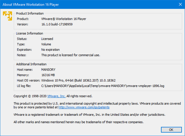 VMware Workstation Player 16.1.0 Build 17198959 Commercial