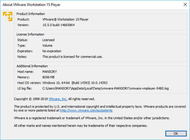 VMware Workstation Player 15.5.0 Build 14665864 Commercial